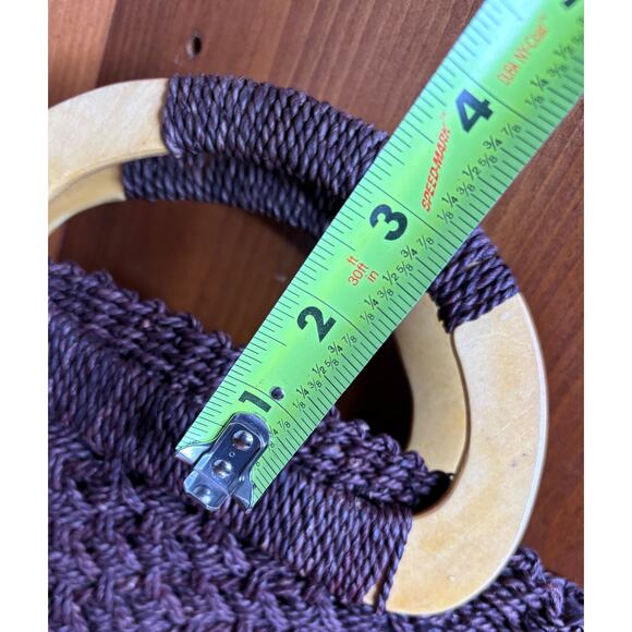 White Stag Straw Macrame Woven Handbag Dark Brown Wood Handles Boho 10" x 8" - Picture 8 of 12